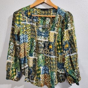 Jane & DeLancey Patchwork Print Women's Gold Thread Top Medium Lightweight